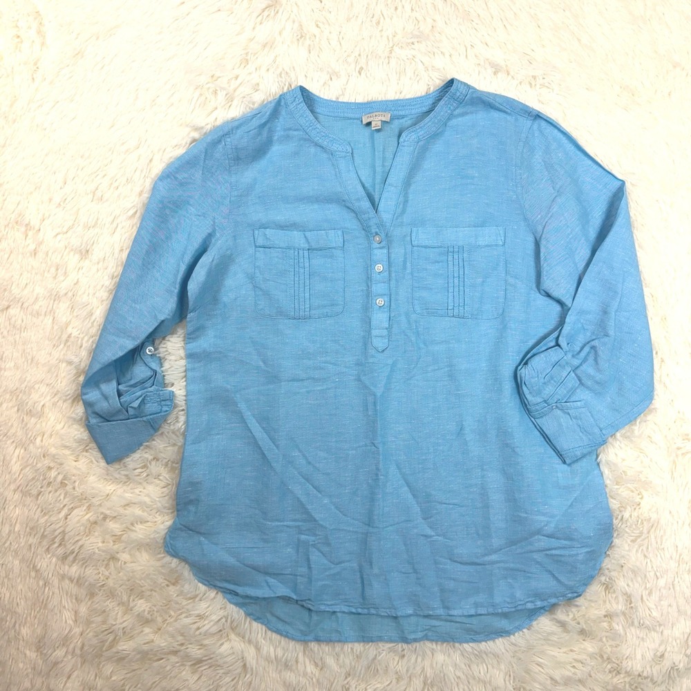 NWOT Talbots Tunic Women M Blue Linen Blend Roll Tab Sleeve V-Neck Pockets